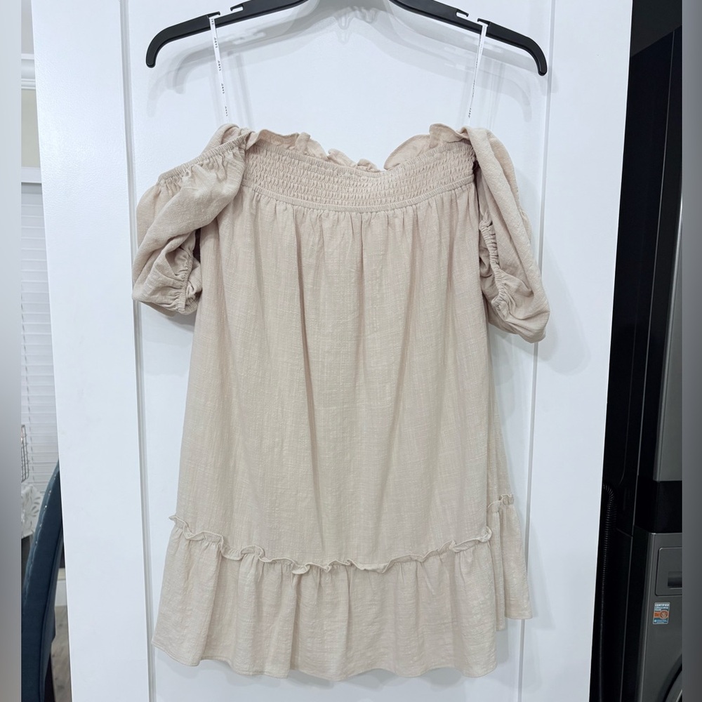 SABO SKIRT Ranetta Linen Blend Mini Dress Size 4 Beige Off Shoulder Babydoll - Picture 8 of 11